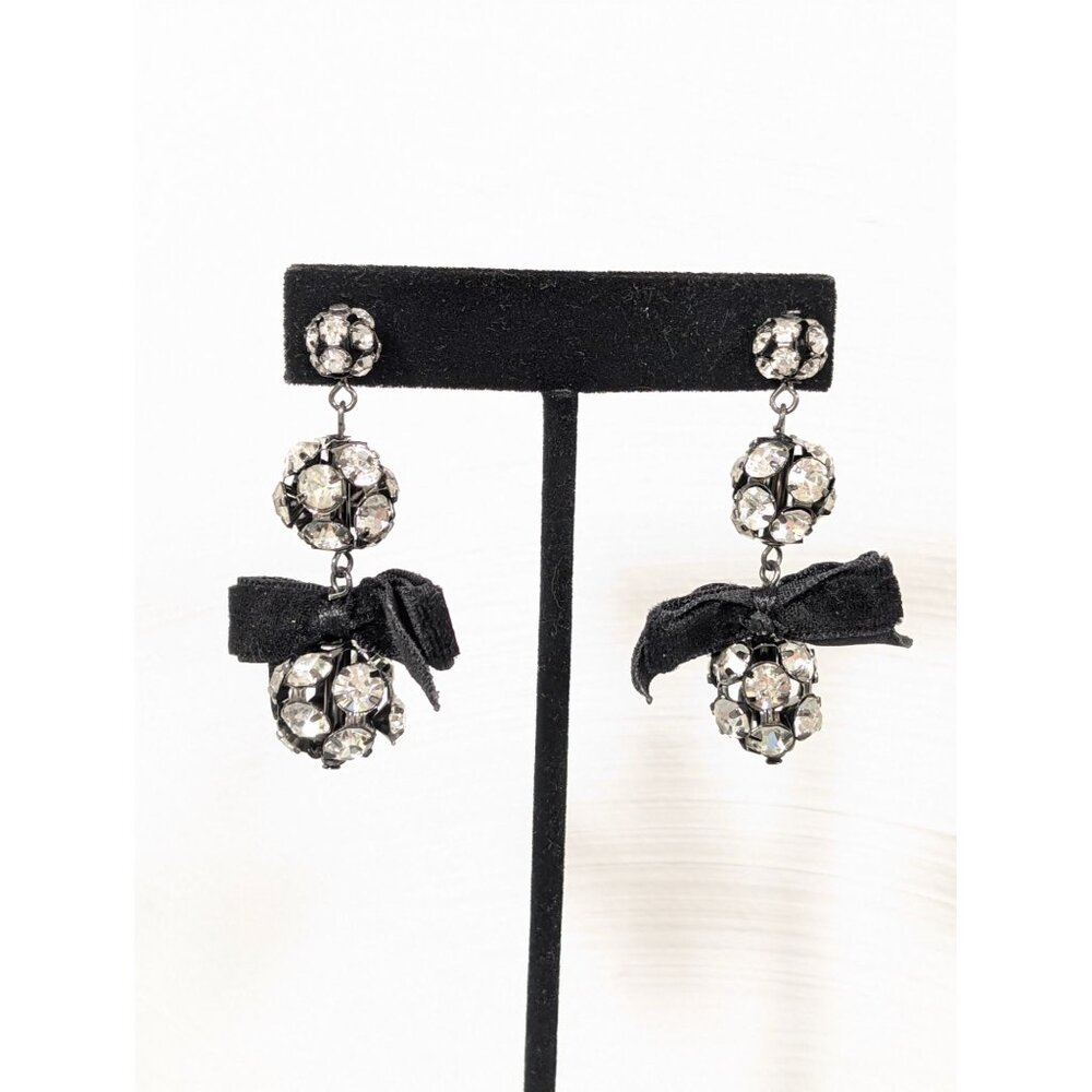 Black Velvet Bow‎ Earrings Crystal Ball Dangle Gothic Whimsigoth Y2K Pierced